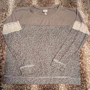Knox Rose Taupe Leopard Mix Print Thermal Lace Top Waffle XL
